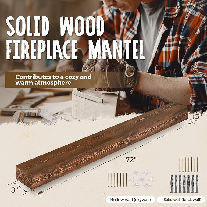 72x8x5 Fireplace Mantel - Handcrafted Hollow Rustic Solid Wood Wall Mounted Floating Shelf with Invisible Heavy Duty Wood Bracket (Weathered Brown)-CasaMuseHome