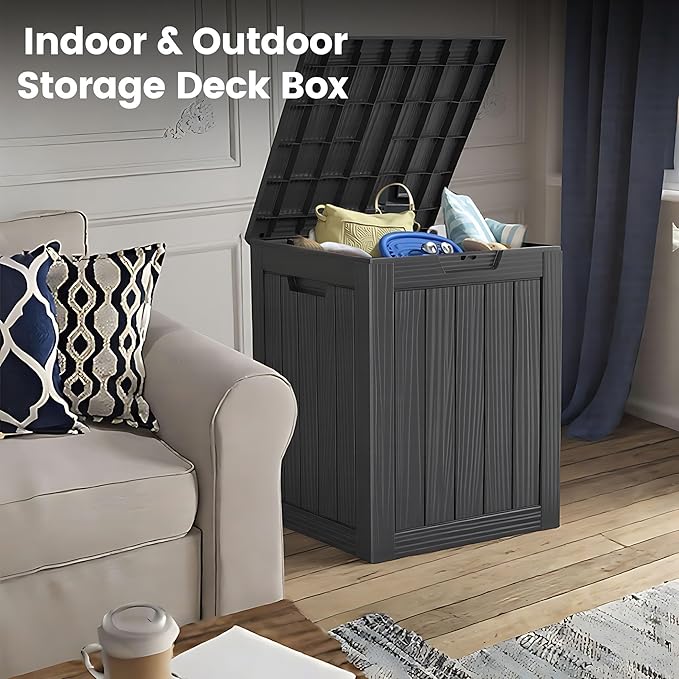 28 Gallon Outdoor Storage Box, Waterproof Durable Resin Deck Box for Indoor & Outdoor Use, Lockable Outdoor Bench, Deck Bin for Patio Furniture, Deliveries, Pool Supplies, Black-CasaMuseHome