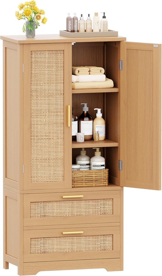 50.4" H Bathroom Storage Cabinet, Modern Floor Cabinet with Adjustable Shelf, Small Pantry with 2 Doors & Drawers, Storage Cabinet for Bathroom, Living Room, Kitchen, Natural KES007MCWG-CasaMuseHome