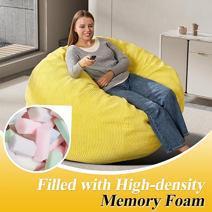 3.5FT Bean Bag Chairs Teardrop Bean Bag Chair for Adults Beanbag Chair with Memory Foam Filled Machine Washable Cover for Living Room, Bedroom (Large,Yellow)-CasaMuseHome