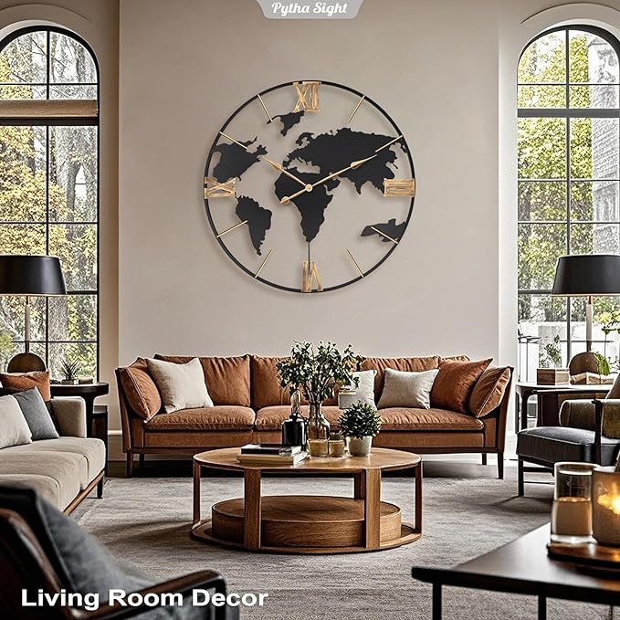 36 Inch Oversized Giant Extra Large Modern Decorative Metal World Map Wall Clock,Big Vintage Gold Roman Numeral Wall Clocks for Living Room,Entryway,Office,Fireplace,Dining Room-CasaMuseHome