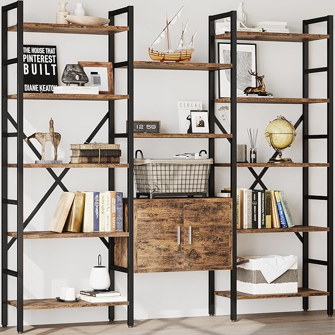 70 x70" Triple 5 Tier Book Shelf, Industrial Large Bookcase with Storage Cabinet, Tall Bookshelf with 14 Open Display Shelves Metal Frame Furniture for Living Room Bedroom Home Office Rustic Brown-CasaMuseHome