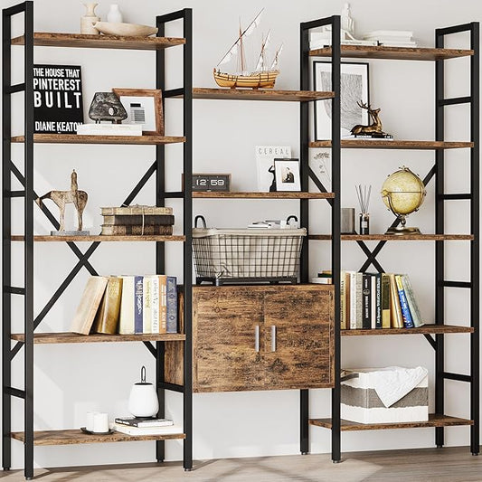 70 x70" Triple 5 Tier Book Shelf, Industrial Large Bookcase with Storage Cabinet, Tall Bookshelf with 14 Open Display Shelves Metal Frame Furniture for Living Room Bedroom Home Office Rustic Brown-CasaMuseHome