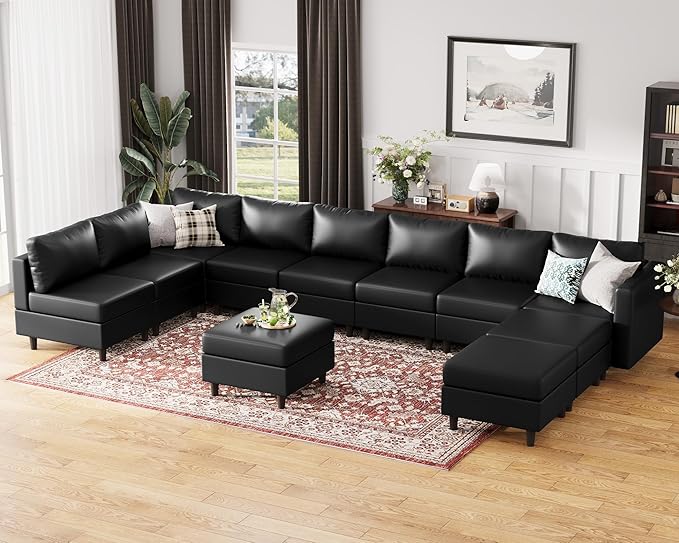 ABCASA Oversized 172.5" Faux Leather Modular Sectional Sofa, Modern Large 11 Seater U Shaped Couch with Storage Seat with Reversible Chaise Deep Seat for Living Room DIY Combination - Black-CasaMuseHome