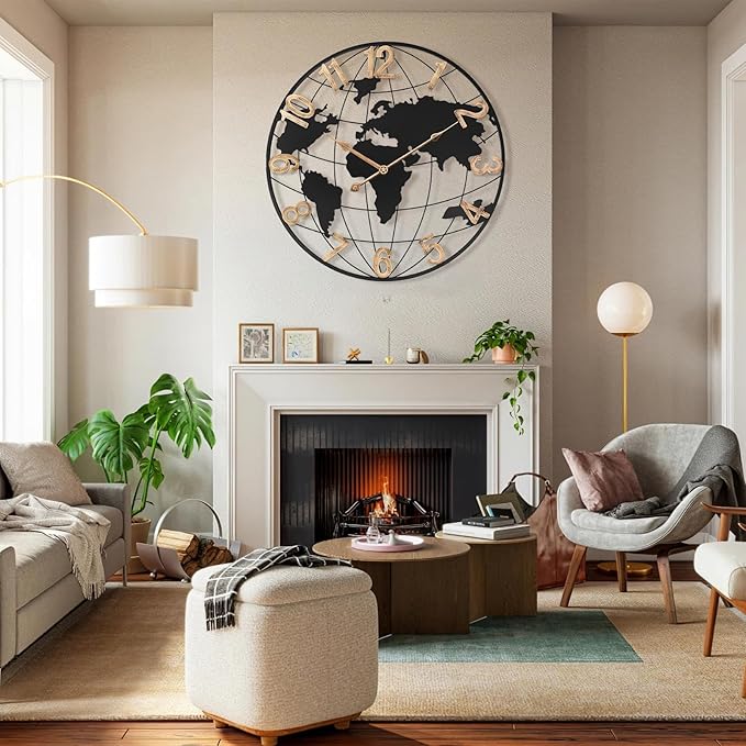 20 Inch Large Wall Clock for Living Room Decor,Big Modern Decorative Silent Metal World Map Wall Clock with Vintage Gold Arabic Numeral for Office,Living Room,Kitchen,Dining Room-CasaMuseHome