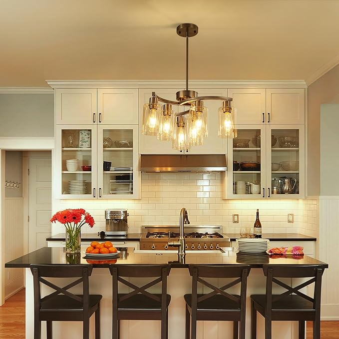 6 Light Modern Brushed Nickel Pendant Light Fixture For Dining Room，Contemporary Kitchen Light Fixtures Brushed Nickel，Adjustable Height Farmhouse Dining Chandeliers Over Table，With Glass Shade-CasaMuseHome