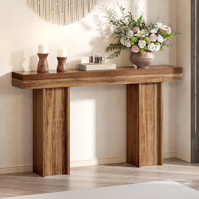 55Inch Farmhouse Console Table,Wooden Rectangular Sofa Table Behind The Couch,Entryway Console Table with Storage for Living Room, Hallway,Entrance (Light Brown)-CasaMuseHome