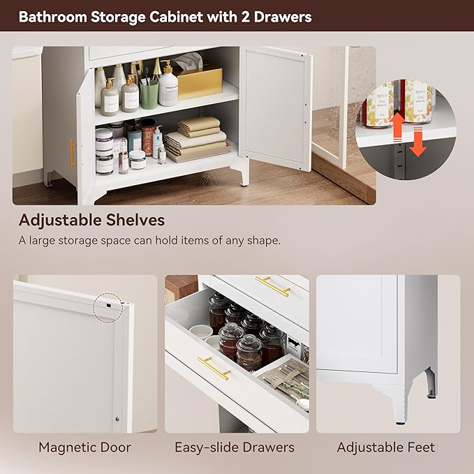 75” Tall Kitchen Pantry Storage Cabinet, Metal Bathroom Storage Cabinet with 2 Drawers and Adjustable Shelves, Kitchen Pantry Cupboard, Freestanding Cupboard for Bathroom, Living Room (White)-CasaMuseHome