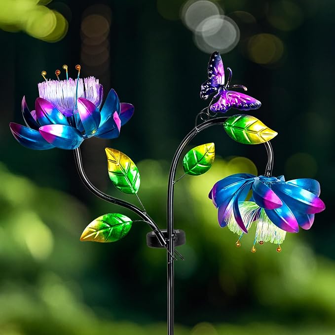 50'' Solar Powered Kinetic Wind Spinner Sculpture Blue Lotus Metal Stake Spinner for Patio, Lawn and Garden Decor Weather Resistant Outdoor Art with Dual Lotus with Butterfly Design-CasaMuseHome