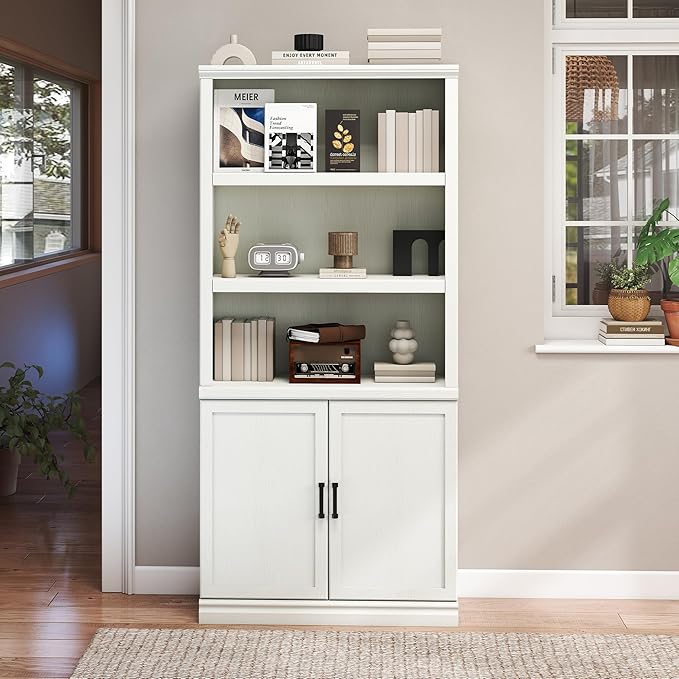 70 Inch Tall Bookcase with Doors, Library Office Bookshelf with Adjustable Shelves, Floor Standing Storage Cabinet for Bedroom Living Room Organizer with Anti Tipping Kit, Soft White Finish-CasaMuseHome