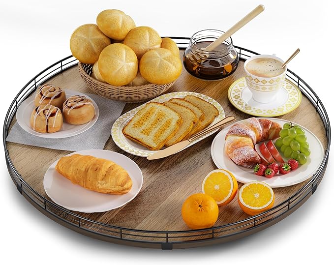 Acacia Wood 21" Lazy Susan Turntable Organizer for Table Top, Farmhouse Extra Large Round Lazy Susan for Serving Kitchen Countertop Cabinet for Charcuterie Centerpiece, Bathroom Vanity Tray Decor-CasaMuseHome