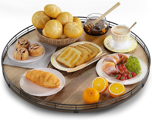 Acacia Wood 21" Lazy Susan Turntable Organizer for Table Top, Farmhouse Extra Large Round Lazy Susan for Serving Kitchen Countertop Cabinet for Charcuterie Centerpiece, Bathroom Vanity Tray Decor-CasaMuseHome