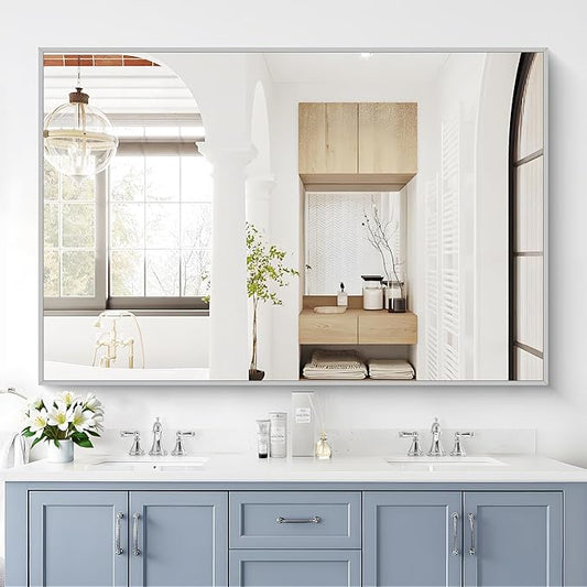 40x60inch Silver Bathroom Mirror, Silver Rectangle Mirror with Frame, Large Rectangular Wall Mirrors for Bathroom, Living Room, Hair Salon, Big Farmhouse Mirror Hang Horizontal/Vertical-CasaMuseHome