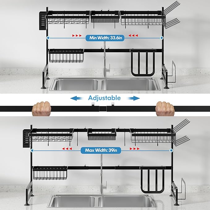 2 Tier Extra Large Stainless Steel Expandable Over The Sink Dish Drainer Drying Rack, Rust Proof Metal, Space Saving, Modern Black Big Capacity Extendable Plate Strainers Above Kitchen Counter-CasaMuseHome