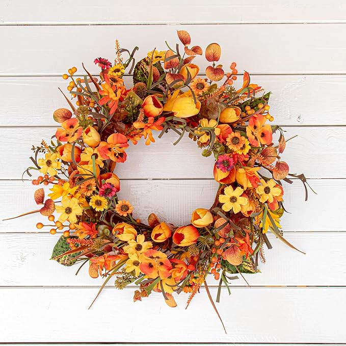 18 Inches Fall Wreaths for Front Door Rustic Autumn Wreath Farmhouse Fall Floral Wreaths with Tulips Phalaenopsis Orange Wildflowers for Wall Window Porch Indoor Outside Decor-CasaMuseHome