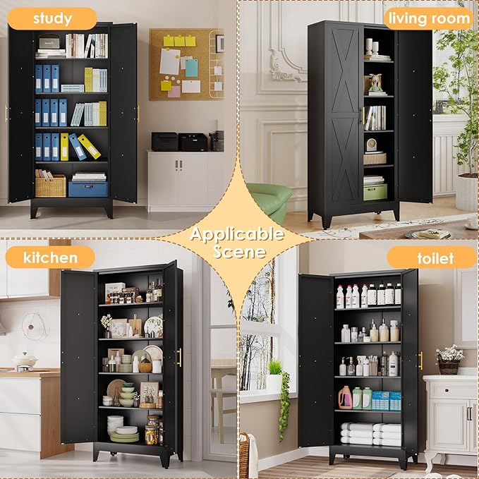 71" H Metal Kitchen Pantry Storage Cabinet, Freestanding Cupboard with 2 Doors and 4 Adjustable Shelves, Standing Storage for Kitchen, Bathroom, Garage, Dinning Room or Utility Room（Black）-CasaMuseHome