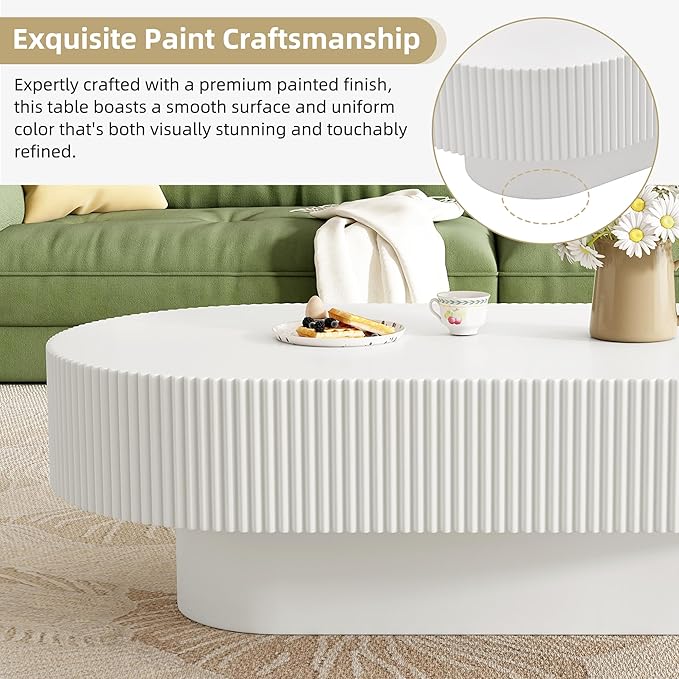 43.3" Oval Fluted Coffee Table Modern Elegant Drum End Table, Minimalist Center Table 7.8" Thick Tabletop with Sturdy Base for Living Room, Bedroom, Apartment,Easy Assembly, White-CasaMuseHome