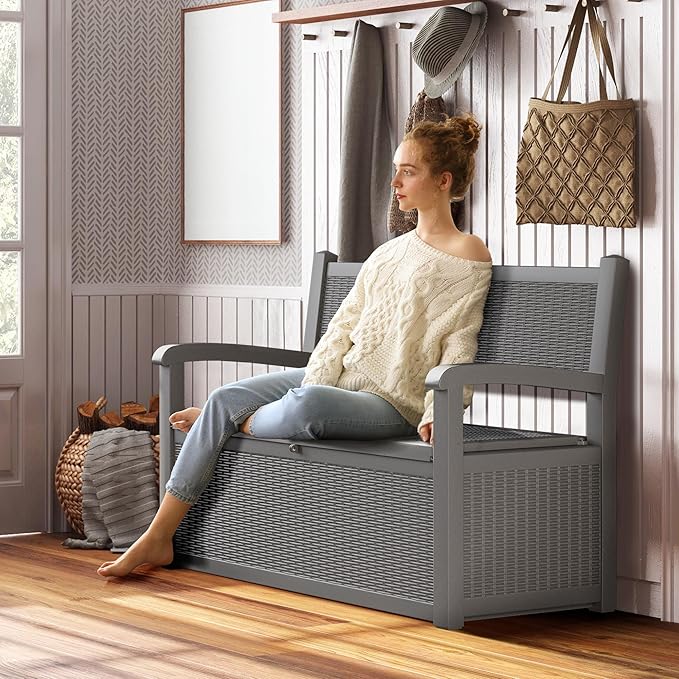 70 Gallon Deck Bench with Storage,Outdoor Storage Box Bench Waterproof&Lockable, Resin Patio Furniture with Armrest for Patio, Porch, Garden,Grey-CasaMuseHome