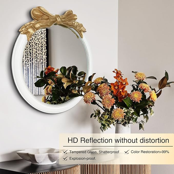 26x26 inch Bow Antique Mirrors for Wall, Round White and Gold Decorative Wall Mounted Mirror, Circle Antique Mirrors Suitable for Bedroom, Hallway, Living Room Decoration, Bathroom Sink-CasaMuseHome