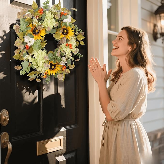 20IN Sunflower Wreath for Front Door Summer Hydrangea Wreath with Eucalyptus Leaves Orange Berries Farmhouse Door Decor for Easter, Mother’s Day, Indoor Outdoor Seasonal Wall Hanging-CasaMuseHome
