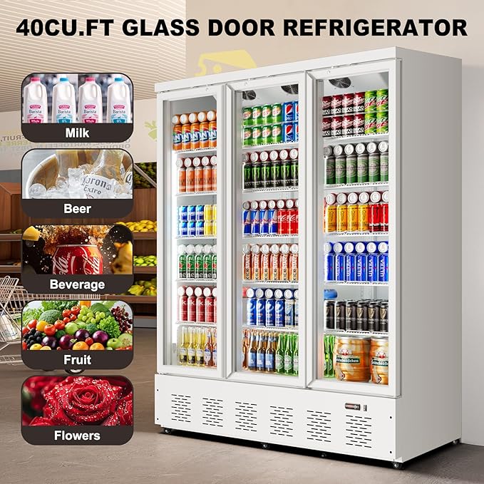 40.5 Cu.ft. Commercial Refrigerators 3 Glass Door Beverage Refrigerators Commercial Fridge Upright Cooler with Soft LED Light and 15 Adjustable Shelves for Restaurant Grocery Stores Home-CasaMuseHome