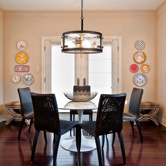 13" Industrial Drum Glass Chandelier, 3-Light Rustic Hanging Pendant Lights, Metal Round Lighting Fixture for Dining Room Foyer Entryway Hallway Bedroom, Clear Waterglass Drum Shade-CasaMuseHome