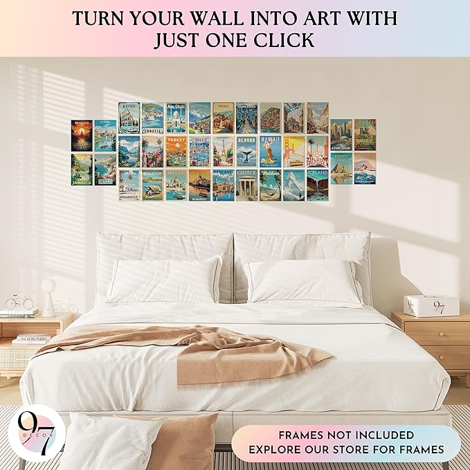 97 Decor Vintage Travel Decor - Travel Posters Wall Art Prints, Vintage Postcards from Around The World, City Landscape Aesthetic Pictures Retro Popular Cities Photo Collage Kit for Teen Bedroom (4x6)-CasaMuseHome