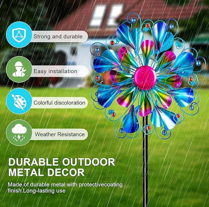 60'' Wind Spinner with Color Glass Ball Solar Lights, Blue Peacock Feathers Metal Garden Outdoor Decor Yard Lawn Art Decor for Patio Kinetic Windmills Unique Gifts for Friends and Family-CasaMuseHome