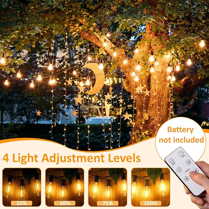 48Ft LED Outdoor String Lights with Dimmer, 15 Edison Bulbs Waterproof Patio String Lights with 4 Brightness Modes Remote Control (Included), Porch Backyard Bistro Decoration-CasaMuseHome