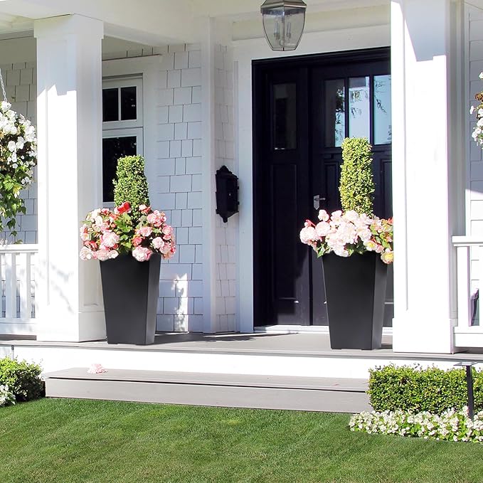 22.5" Tall Planters Set of 2, Outdoor＆Indoor Black Planter Pots, High Front Porch Planter Pots with Drainage Holes＆Water Level Monitor＆Inner Bucket, Automatic Watering, Black-CasaMuseHome