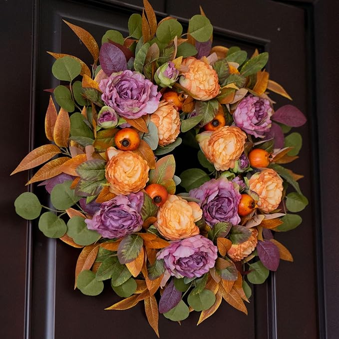 24 Inch Fall Wreath for Front Door - Autumn Wreath with Peony, Maple Leaves, Berries - Farmhouse Thanksgiving Halloween Decor for Porch, Front Door, Indoors & Outdoors - Rustic Harvest Home Decor-CasaMuseHome