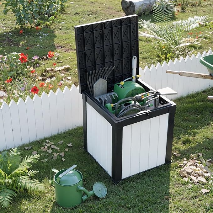 50 Gallon Deck Box Large Outdoor Storage for Patio Furniture,Outdoor Cushions,Garden Tools and Pool Supplies,Waterproof,Resin,Lockable(Black&White)-CasaMuseHome