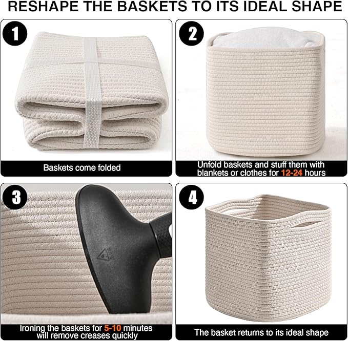 11 Inch Cube Storage Bins, Organizer Bins, Woven Cotton Rope Baskets for Storage, Storage Baskets for Organizing Shelves, White Basket for Toys, Off White (Pack of 3)-CasaMuseHome