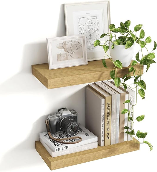 16 Inch Floating Shelves, 8 Inch Deep Floating Shelves for Wall, Hanging Shelf with Invisible Brackets, Deep Shelves for Bathroom, Bedroom, Living Room, Oak, Set of 2-CasaMuseHome