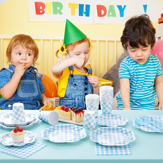 175 Pcs Blue Gingham Plates and Napkins Party Supplies - Blue and White Checkered Plates Sets Serve 25 Guests - Scalloped Gingham Paper Plate for Birthday Dinner Wedding Baby Shower Party Decorations-CasaMuseHome