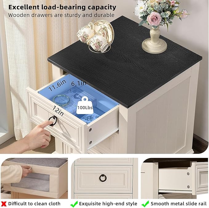 18" Farmhouse Night Stands Set of 2 with Charging Station, 2 & 3 Drawers End Table Dresser for Bedroom, White Wooden Nightstand, Bed Side Table with Open Shelf, Bedside Cabinet for Living Room-CasaMuseHome