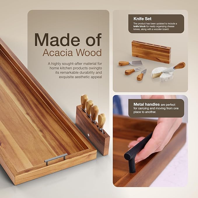 Acacia 36 Inch Extra Large Charcuterie Board with Cheese Knife Set of 4 - Acacia Wood Serving Tray with Handles, Long Charcuterie Board, Large Charcuterie Boards for Party, Wooden Cheese Board-CasaMuseHome
