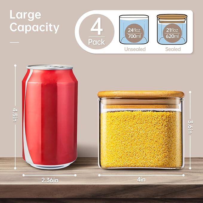 21oz - 4 Pack Square Glass Jars with Bamboo Lids, Glass Food Storage Containers with Airtight Lids, Air Tight Pantry Storage Containers for Coffee, Sugar, Spice, Meal Prep Jars for Salad & Fruit-CasaMuseHome