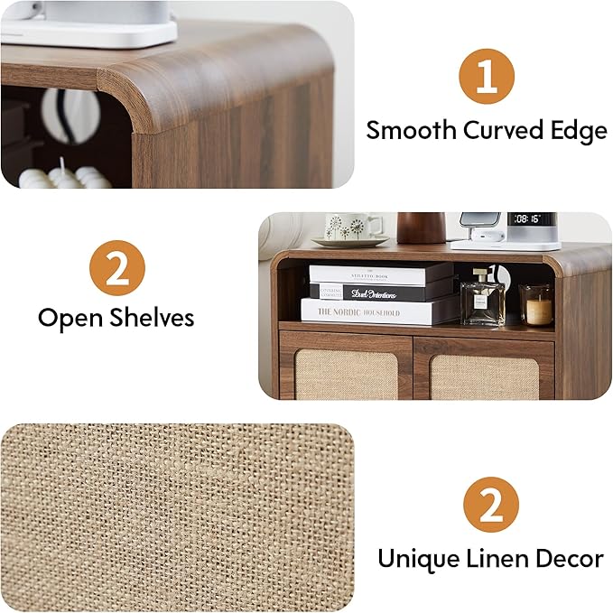 24" Large Side Table with Charging Station, Mid Century Modern End Table with USB/Type-C Ports, Curved Wood Nightstand with Storage & Natural Linen, Couch Side Table for Living Room Bedroom, Walnut-CasaMuseHome