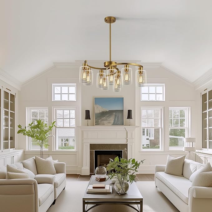 9-Light Gold Glass Chandelier, Adjustable Height Dining Room Light Fixtures Over Table, Contemporary Hanging Chandelier for Kitchen Island Living Room Foyer Office, Clear Glass Shade-CasaMuseHome