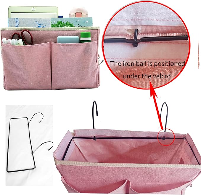 2-Pack Bedside Caddy Bedside Hanging Storage Basket Multi-Function Organizer Caddy for Bunk and Hospital Beds Dorm Rooms Bed Rails, Can be Placed Glasses Books Mobile Phones（2 pcs pink）-CasaMuseHome