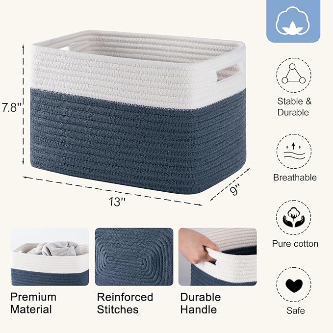 4 Pack Storage Baskets for Organizing, Woven Baskets for Shelves - Perfect for Toys, Books, Towels, and Clothes, Durable Gift Basket Bins Toy Storage, 12.7''L x9''W x7.8''H, Blue and White-CasaMuseHome