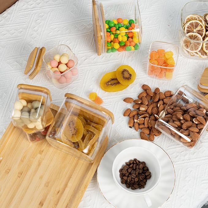 5oz Airtight Square Spice Containers with Bamboo Lid Set of 12 with Black Lables Storage Stackable Spice Jar, Kitchen Canister for Sugar, Tea, Flour, Salt and Seasonings (‎Clear Glass)-CasaMuseHome