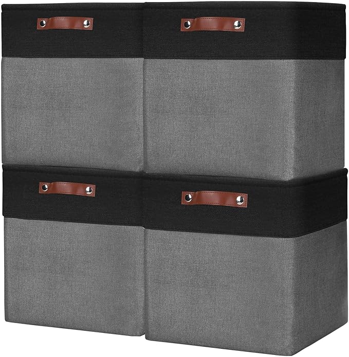 13x13 Cube Storage Bins, Collapsible Fabric Storage Box, 4 Pack Closet Baskets with Handles for Organizing, Shelf, Toys, Clothes, Home, Office, Nursery (Grey&Black)-CasaMuseHome