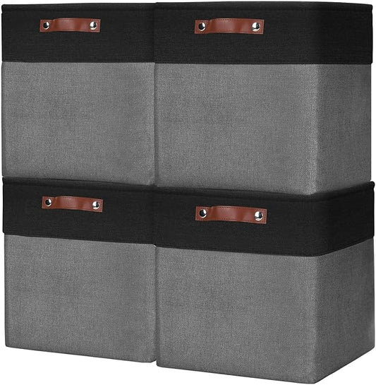 13x13 Cube Storage Bins, Collapsible Fabric Storage Box, 4 Pack Closet Baskets with Handles for Organizing, Shelf, Toys, Clothes, Home, Office, Nursery (Grey&Black)-CasaMuseHome