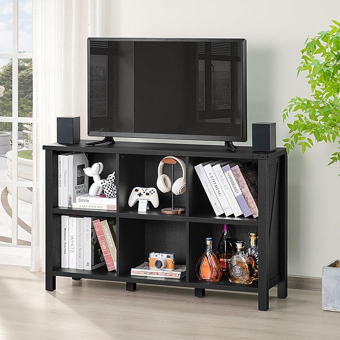 6 Cube Bookcase, Farmhouse Wood Low Storage Organizer Book Shelf, Black 47" Horizontal Console Bookshelf with Legs, Hallway Book Case for Entryway, Display Cabinet for Living Room, Office-CasaMuseHome