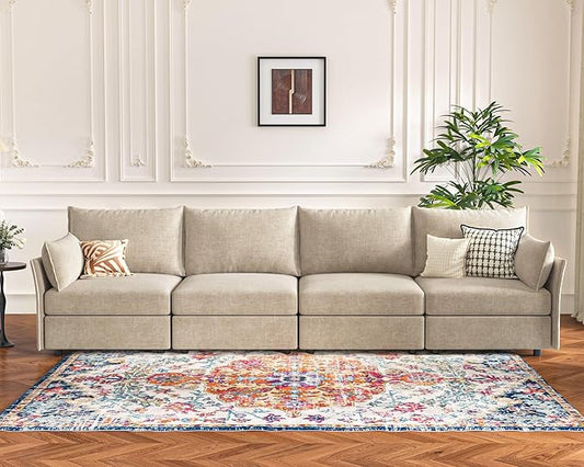 134.6" Modular Sectional Sofa, Oversized 4 Seater Couch with Removable Beige Chenille Fabric Cover, Deep Seat & High Backrest for Living Room, Office & Apartment-CasaMuseHome