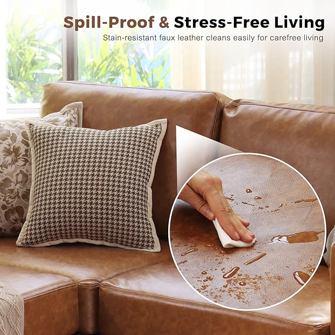 118.5" Faux Leather Modular Sectional Sofa, L Shaped Couch Set for Living Room, 7-Seater Comfy Cloud Couches with Storage Seat Brown-CasaMuseHome