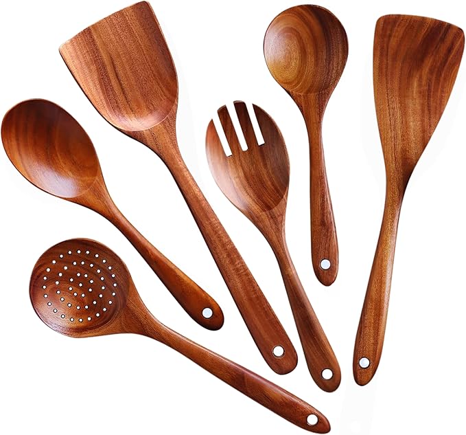 6-Piece Acacia Wood Cooking Utensil Set – Wooden Kitchen Pan Toolset for Nonstick Cookware – Includes Spoons & Spatulas – Non-Scratch, Eco-Friendly Cooking Tools – Everyday Use - Lifetime Replacements-CasaMuseHome