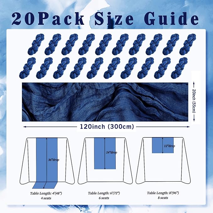 10FT 20 Pack Royal Blue Cheesecloth Table Runner 20 x 120 Inch Long Rustic Gauze Cheese Cloth Table Runner for Wedding Bridal Baby Shower Table Decorations Boho Fabric Sheer Birthday Party Table Decor-CasaMuseHome